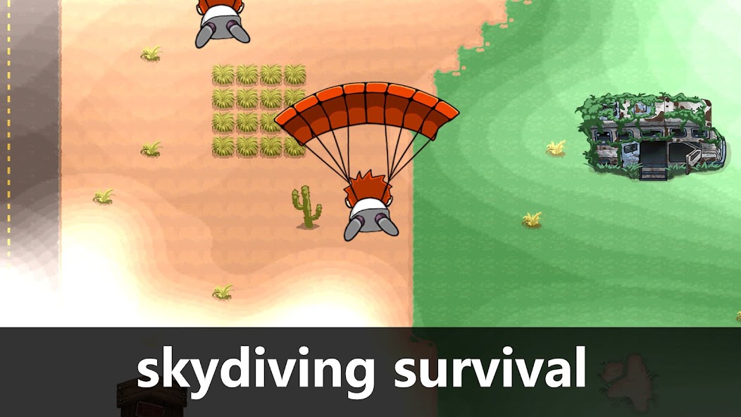 Survival Battleground characters parachuting into a colorful desert and grassland arena